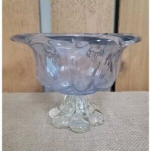 Beautiful Vintage Blue Glass Pedestal Candy Dish Hand Etched Flowers 5.5” Tall